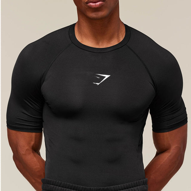 Gymshark Men's Sports Fitness Short-Sleeved Basketball Running Printed Stretch Training Sports Tight-Fitting T-Shirt