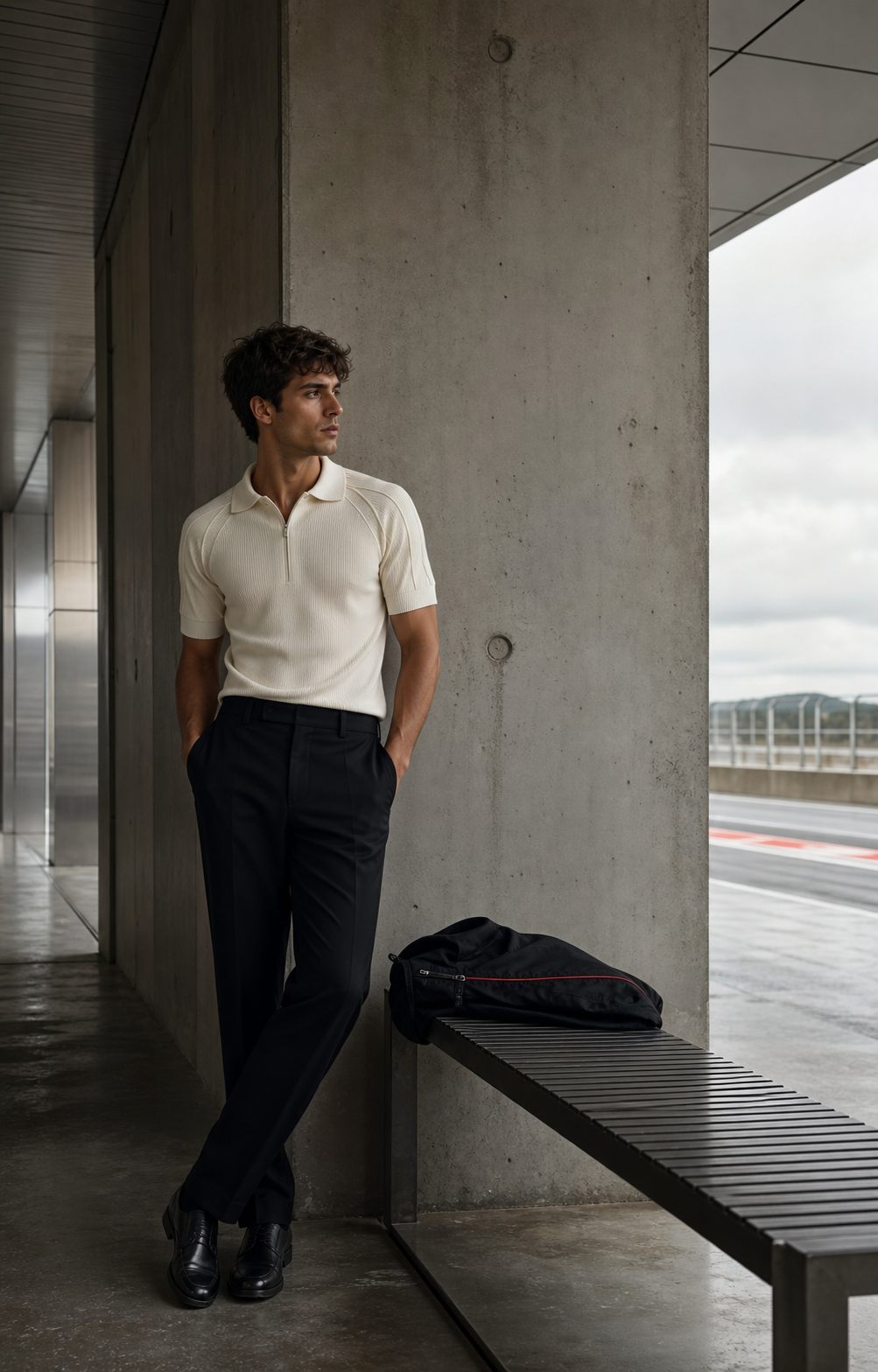 Modelo con polo marfil en arquitectura de paddock